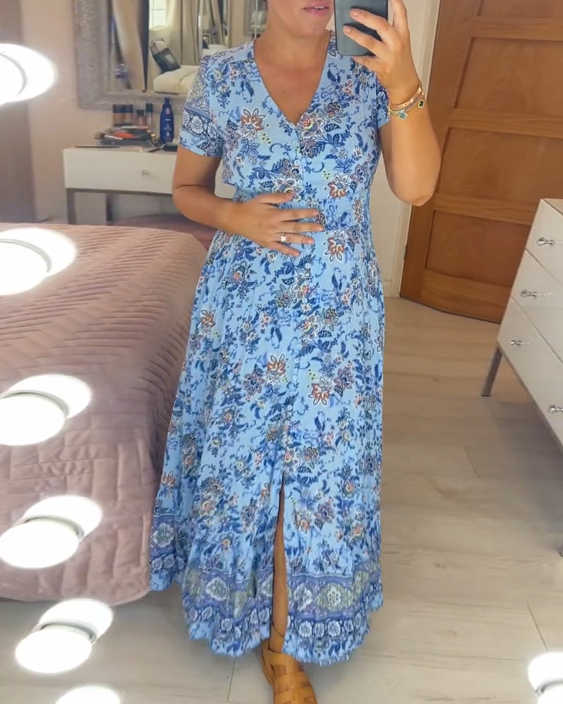 💃Heiss 50% Rabatt🔥Kostenloser Versand - Bequemes V-Ausschnitt Blumenkleid🌷Kauf 2 spar 10%
