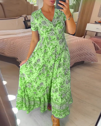 💃Heiss 50% Rabatt🔥Kostenloser Versand - Bequemes V-Ausschnitt Blumenkleid🌷Kauf 2 spar 10%
