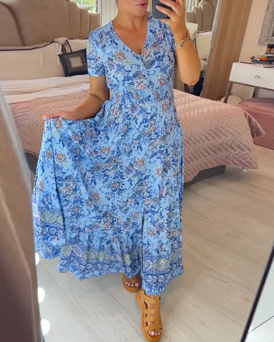 💃Heiss 50% Rabatt🔥Kostenloser Versand - Bequemes V-Ausschnitt Blumenkleid🌷Kauf 2 spar 10%