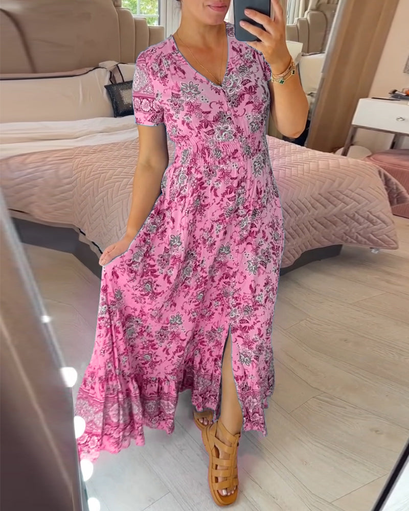 💃Heiss 50% Rabatt🔥Kostenloser Versand - Bequemes V-Ausschnitt Blumenkleid🌷Kauf 2 spar 10%