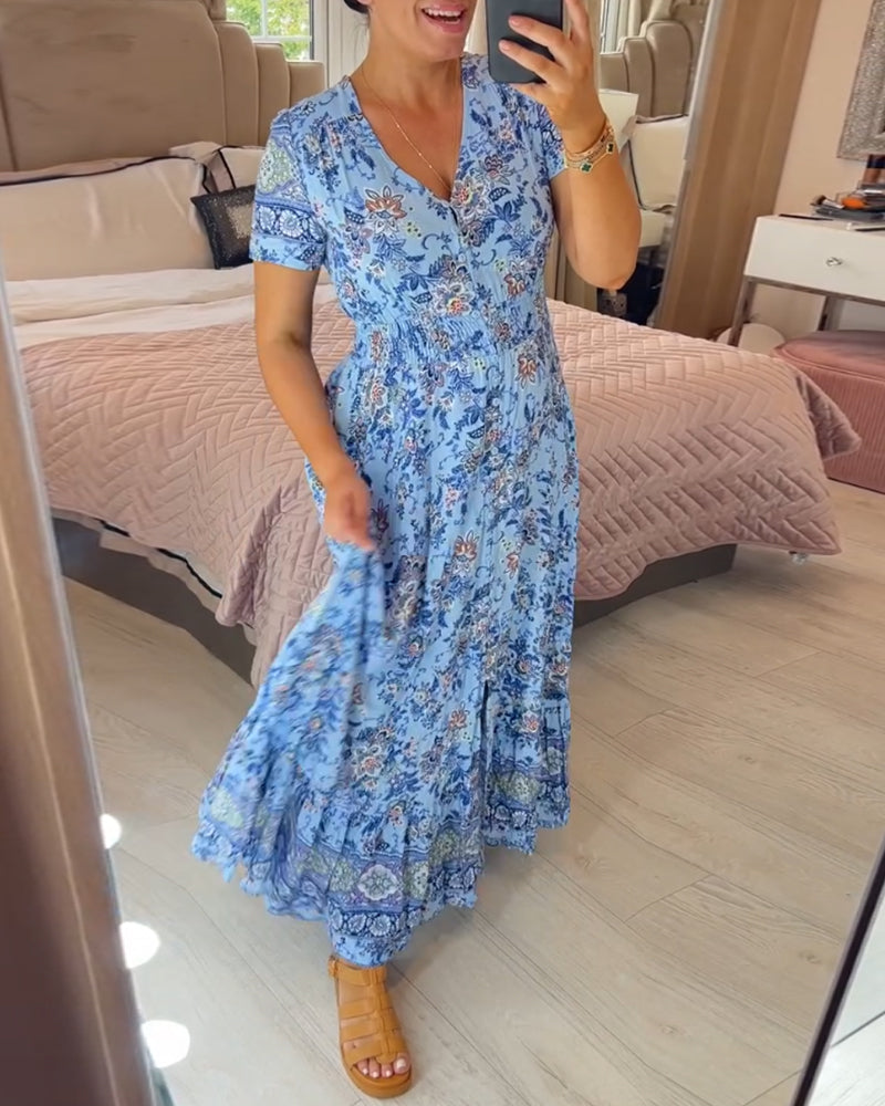 💃Heiss 50% Rabatt🔥Kostenloser Versand - Bequemes V-Ausschnitt Blumenkleid🌷Kauf 2 spar 10%