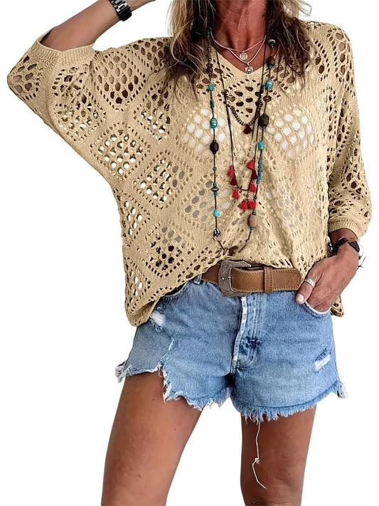 ⏰Último dia de promoção! 50% de desconto!🔥Promoção imperdível: Blusa feminina de crochê bege com decote em V, inspiração boêmia