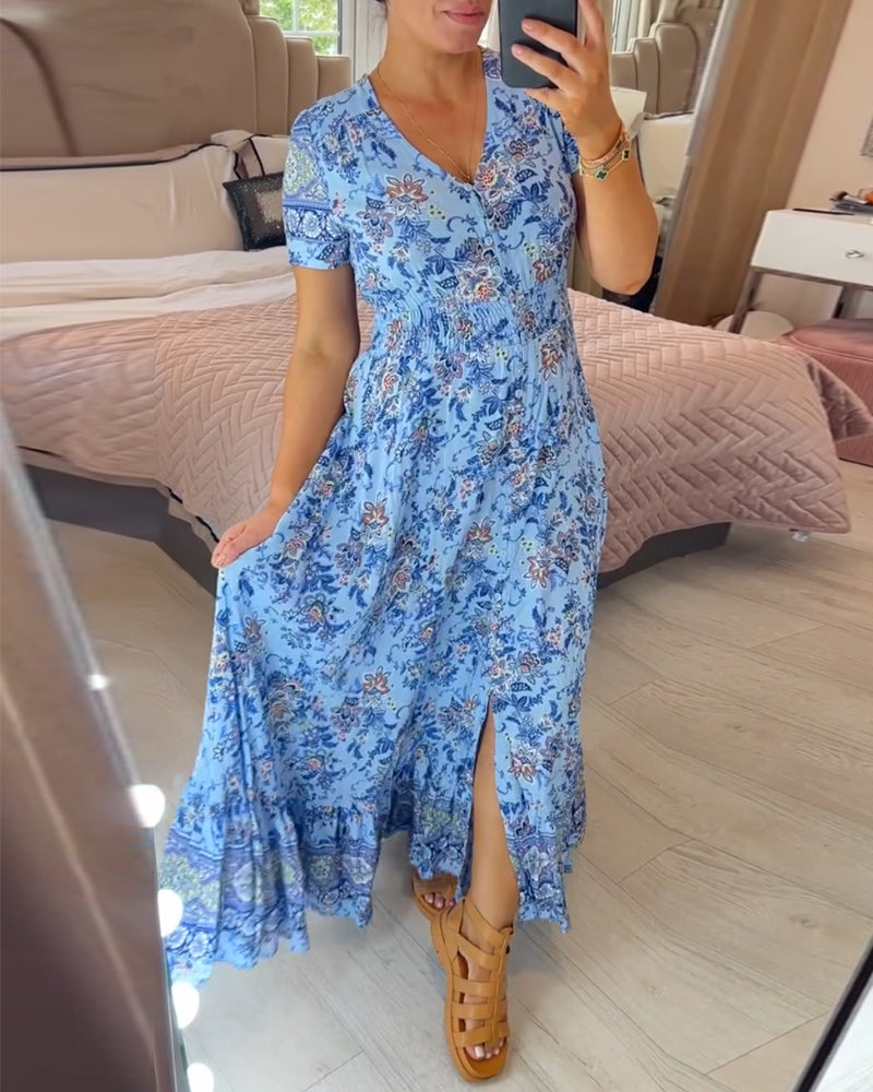 💃Heiss 50% Rabatt🔥Kostenloser Versand - Bequemes V-Ausschnitt Blumenkleid🌷Kauf 2 spar 10%