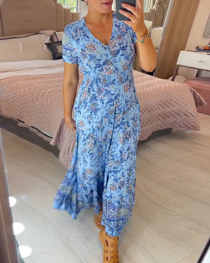 💃Heiss 50% Rabatt🔥Kostenloser Versand - Bequemes V-Ausschnitt Blumenkleid🌷Kauf 2 spar 10%