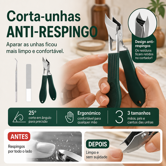💅 50% DE DESCONTO AGORA! ✨ Conjunto de 3 peças de cortadores de unhas com lâmina inclinada a 25° e proteção anti-salpicos – Corte preciso, pega confortável e proteção anti-salpicos segura ✂️