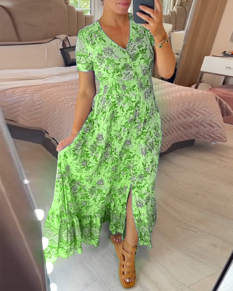 💃Heiss 50% Rabatt🔥Kostenloser Versand - Bequemes V-Ausschnitt Blumenkleid🌷Kauf 2 spar 10%