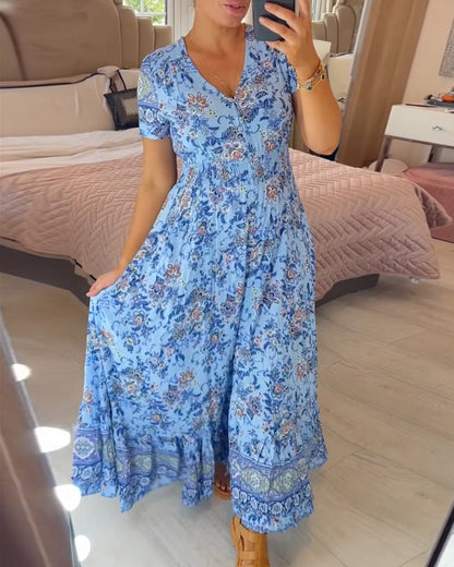 💃Heiss 50% Rabatt🔥Kostenloser Versand - Bequemes V-Ausschnitt Blumenkleid🌷Kauf 2 spar 10%