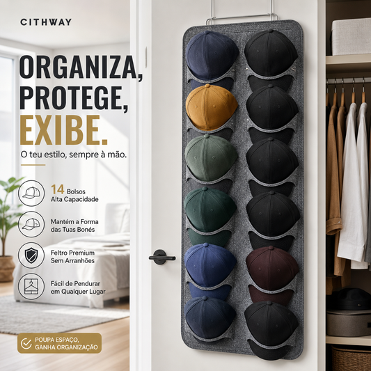 🧢 50% DE DESCONTO – Suporte Suspenso para Chapéus com Vários Bolsos | Organizador prático, economiza espaço & fácil acesso