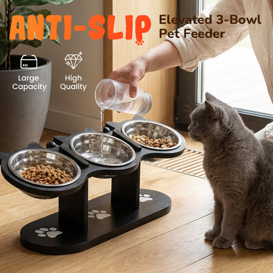 🐾 Comedouro elevado antiderrapante com 3 tigelas para animais de estimação! 🍲🐶🐱