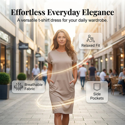🌸 50% DE DESCONTO AGORA! 🌸Vestido-camiseta para mulher – Macio, com bolsos, comprimento midi descontraído👗